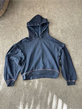 Something Navy Cropped Navy Ruffle-Trim Hooded Sweater w/ light Acid Wash - XXL